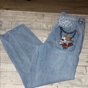 Edgy Light Blue Jeans with Skull and Rose Embroidery